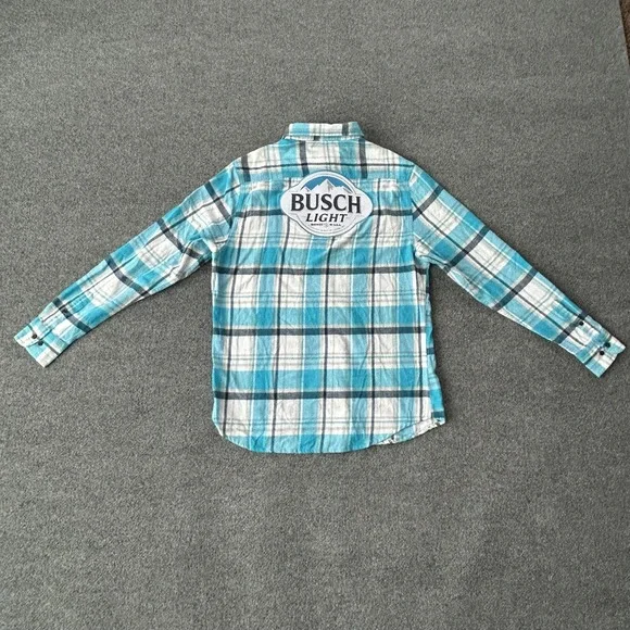 Busch Light Shirt Mens Medium Blue Plaid Flannel Angry Minnow Vintage Beer Logo - Picture 12 of 12